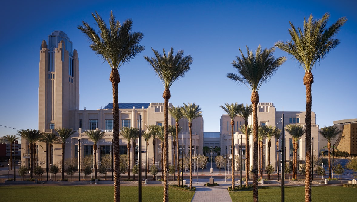 A photo of the exterior of The Smith Center plus a walkway.
